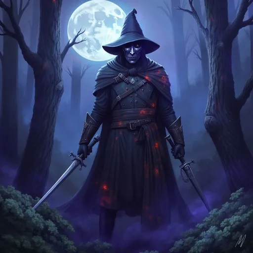 Prompt: (Preyer Witch hunter), dramatic pose in a moonlit forest, wearing rugged leather armor with a with hunter pilgrim hat and a cloak silver mask, holding a silver sword and a flint lock pistol, intense expression, atmospheric mist swirling around, vibrant shadows and dynamic contrasts, rooted in folklore with gothic elements, deeply engaging and mysterious ambiance, (ultra-detailed) depiction, 4K resolution.