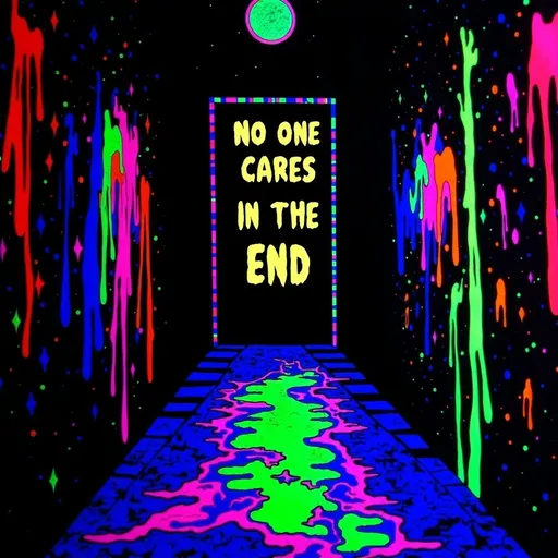 Prompt: (accurately spelled text "No one cares in the end") door at the end of a hallway