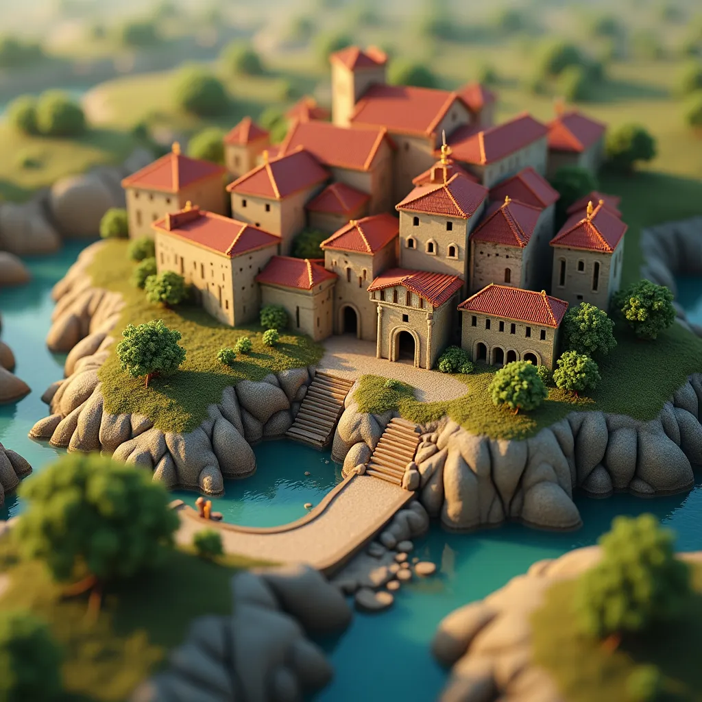 Prompt: aerial view, tilt-shift, isometric miniature world, detailed landscape world render of the holy crusades