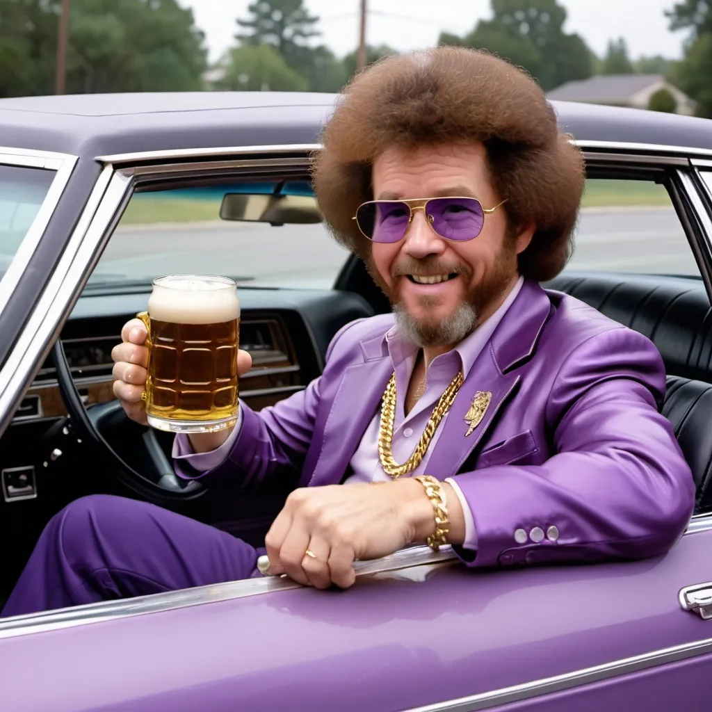 Prompt: Bob Ross wearing a gold chain drinking beer driving in a purple 1977 Cadillac Coupe DeVille