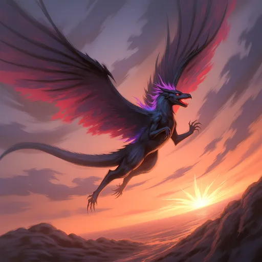 Prompt: (majestic dragon), vibrant scales with shimmering hues, intricate details and powerful wings, soaring through a dramatic sunset sky, creating a sense of awe, striking background with swirling clouds, richly saturated colors, ultra-detailed, mythic atmosphere, high-quality, cinematic ambiance, impressive artwork suitable for epic fantasy themes.