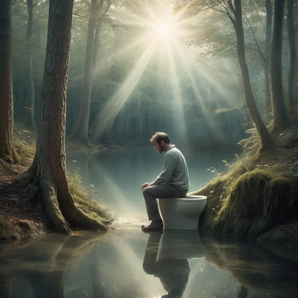 Prompt: (Man taking a dump in the woods), ethereal atmosphere, melancholic, mystical scenery, dreamlike landscape, soft (mute colors), intricate details, surreal elements, reflections on water, faded memories, enchanting light rays, wavy contours, sense of longing and isolation, high resolution, ultra-detailed composition.