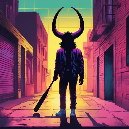 Prompt: retro 80s art, shadow figure with horns in an alleyway holding a gold baseball bat, retro art, synthwave, city view in the background, highly detailed