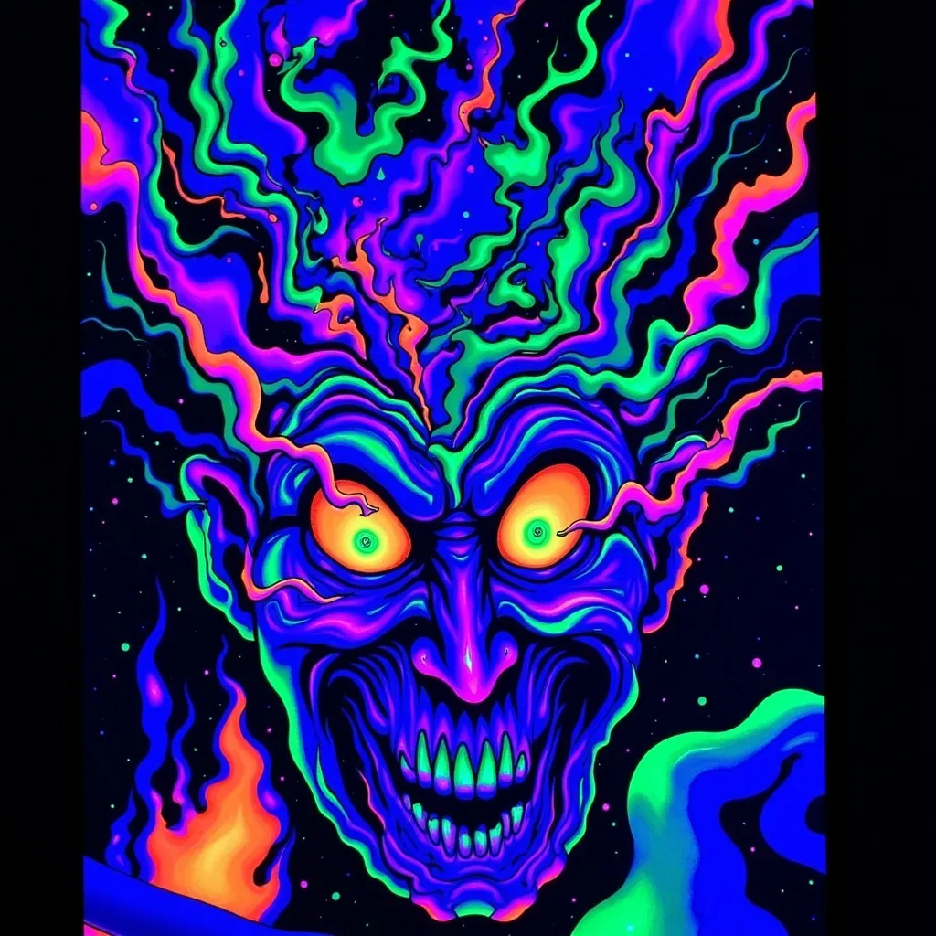 Prompt: (ultra-detailed) face melting, swirling like a whirlpool, distorted twisting features, (black light art), neon colors, high contrast, captivating abstract forms, moody ambiance, enhanced depth perception, mesmerizing composition, surreal atmosphere, intricate details, rich textures, illuminated under black light, dreamlike quality, otherworldly visuals.