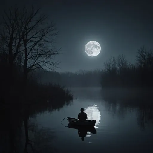 Prompt: Dark moonlit night. Calm lake. Dark silhouette of a Man sitting in a boat with a lantern alone staring at the moon.