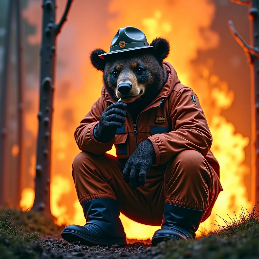 Prompt: Smokey the bear crouched gobnik wearing track suit and a forest ranger hat smoking cigarette. Forest behind him on fire smoke swirling in the sky.