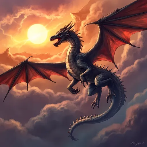 Prompt: (majestic dragon), vibrant scales with shimmering hues, intricate details and powerful wings, soaring through a dramatic sunset sky, creating a sense of awe, striking background with swirling clouds, richly saturated colors, ultra-detailed, mythic atmosphere, high-quality, cinematic ambiance, impressive artwork suitable for epic fantasy themes.