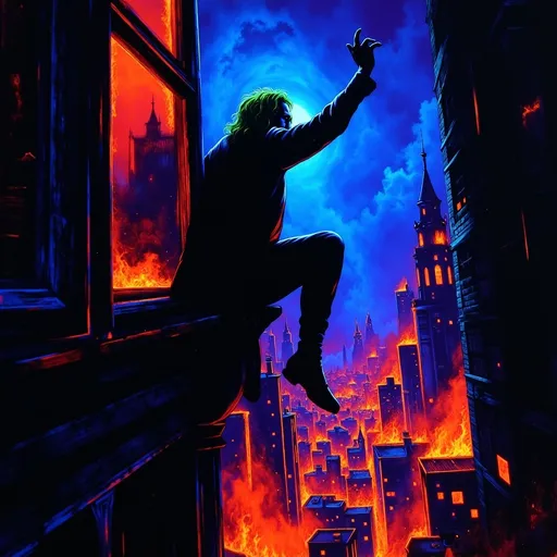 Prompt: joker from (DC Batman). perched on a window, hands in the air in triumph, gazing into a fiery cityscape, flames illuminated against a dark sky, dramatic tones, vivid reds and oranges, smoke swirling in the air, high detail, moody atmosphere, urban environment, nighttime, powerful contrast, cinematic lighting, ultra-detailed, surreal and intense emotional vibe. (Black light art)