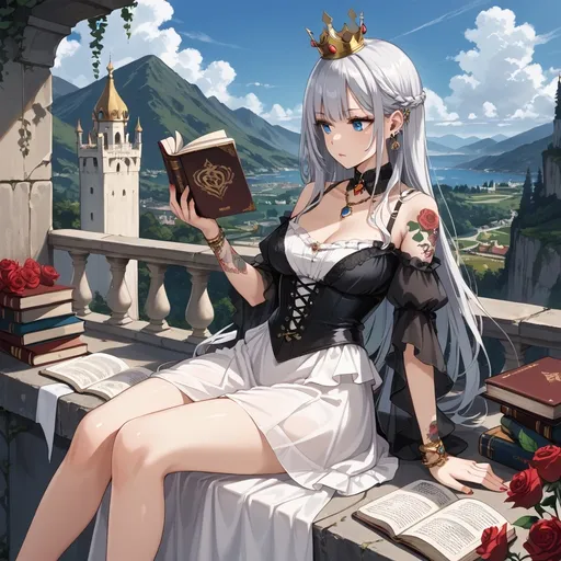 Prompt: Woman sitting on a cliff. Wearing a sheer dress. Tattooed. Piercings. Reading a book. Posed Looking out into the distance. Wearing a crown of roses.