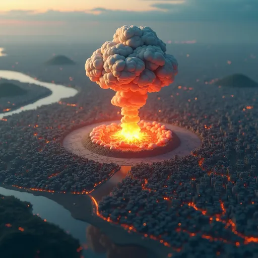 Prompt: aerial view, tilt-shift, isometric miniature world, detailed landscape world render of the atomic bomb hitting Hiroshima.