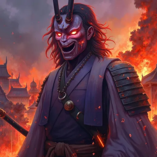 Prompt: Samurai (Sōmen mask with glowing red eyes), dynamic pose, fierce expression, traditional armor adorned with intricate details, Japanese town engulfed in flames in the background, warm and vibrant color palette, deep contrasts of shadows and firelight, high tension and dramatic ambiance, intense atmosphere, 4K, ultra-detailed, cinematic masterpiece.