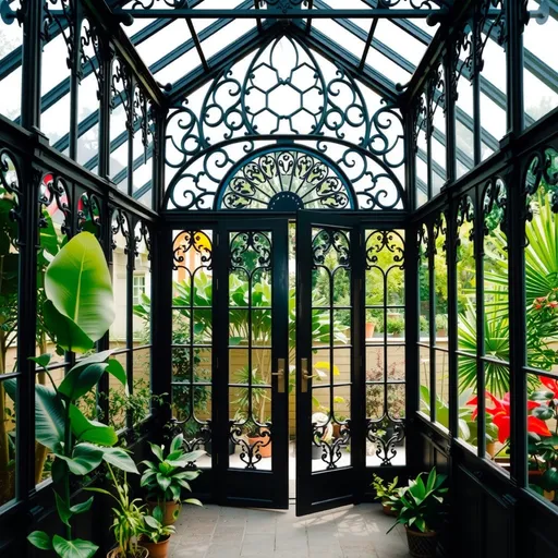 Prompt: Conservatory Victorian style. Black metal, view from the inside. Various plants. Massive, intricate designs. Glass floral duel doors