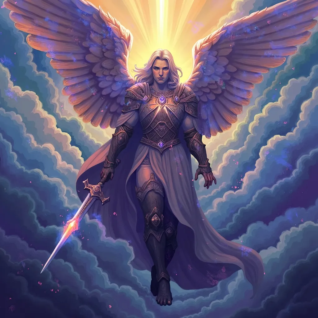 Prompt: Saint Michael the Archangel, (majestic stance), clad in resplendent armor, wielding a gleaming sword, surrounded by ethereal light, powerful wings unfurled, dramatic clouds behind him, (celestial aura), radiant colors with vivid contrasts, uplifting atmosphere, conveying strength and protection, ultra-detailed, high quality, 4K resolution, dynamic and inspiring ambiance. Masterpiece quality, anatomically accurate.