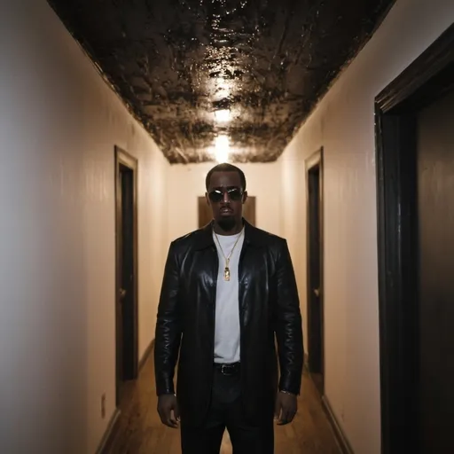 Prompt: Horror theme Sean "Diddy" Combs. Dark hallway blurry vision. Baby oil dripping from ceiling.