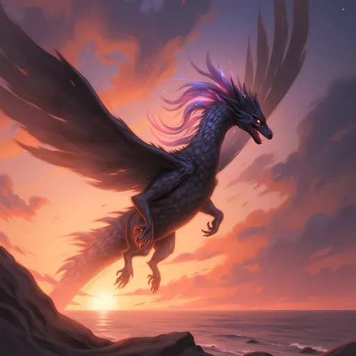 Prompt: (majestic dragon), vibrant scales with shimmering hues, intricate details and powerful wings, soaring through a dramatic sunset sky, creating a sense of awe, striking background with swirling clouds, richly saturated colors, ultra-detailed, mythic atmosphere, high-quality, cinematic ambiance, impressive artwork suitable for epic fantasy themes.