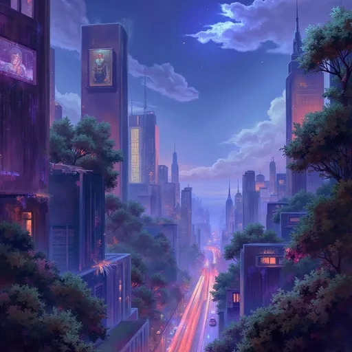 Prompt: A futuristic cityscape at night, with towering skyscrapers lit by neon lights, flying cars zooming between the buildings, and a glowing digital grid running through the streets. In the sky, holographic advertisements project onto the clouds, and the city is surrounded by vast, shimmering energy fields. The scene feels vibrant, bustling with technology, with hints of nature integrated, like trees growing on building terraces and vines crawling up the sides of glass structures.