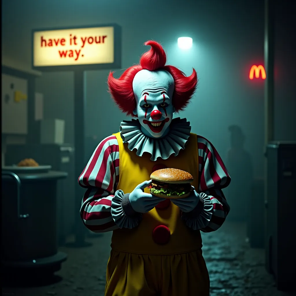 Prompt: (cropped image) McDonald's clown, holding a burger, hiding in a dark setting, eerie atmosphere, low resolution, grainy texture, retro vibes, dramatic shadows, unsettling mood, background obscured in darkness, captivating mystery, vintage film-like quality, dimly lit scene, hints of bright colors from the clown’s outfit contrasting with the gloom. Banner with accurate text: have it your way.