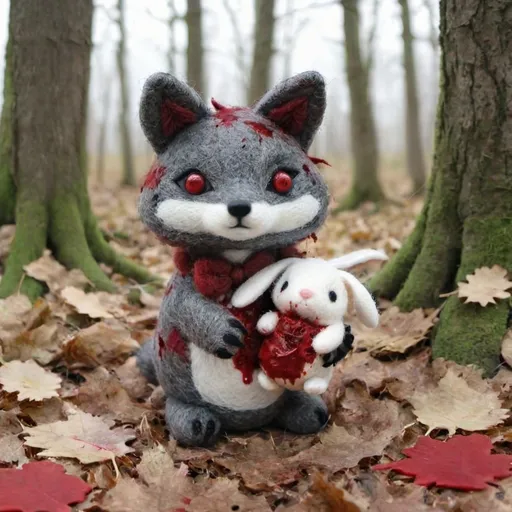 Prompt: Wolf (viciously) tearing apart a cute bunny, crimson splatters, horror, sinister woodland setting, dark and eerie atmosphere, shadows lurking between trees, haunting moonlight filtering through leaves, intense contrast, (gory details) showcasing raw power, foliage scattered with bloodstains, ultra-detailed, 4K, captivatingly grim visual narrative.