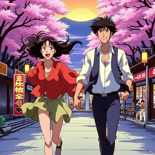 Prompt: Couple running (holding hands), vibrant Japanese cityscape, cherry blossoms in bloom, traditional architecture, colorful lanterns, neon lights illuminating the streets, warm evening glow, energetic motion, joyful expressions, delighted ambiance, captivating details, high resolution, ultra-detailed, engaging atmosphere.