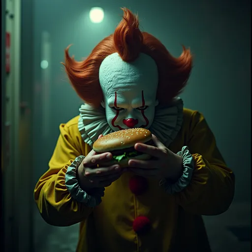 Prompt: (cropped image) McDonald's clown, holding a burger, hiding in a dark setting, eerie atmosphere, low resolution, grainy texture, retro vibes, dramatic shadows, unsettling mood, background obscured in darkness, captivating mystery, vintage film-like quality, dimly lit scene, hints of bright colors from the clown’s outfit contrasting with the gloom.