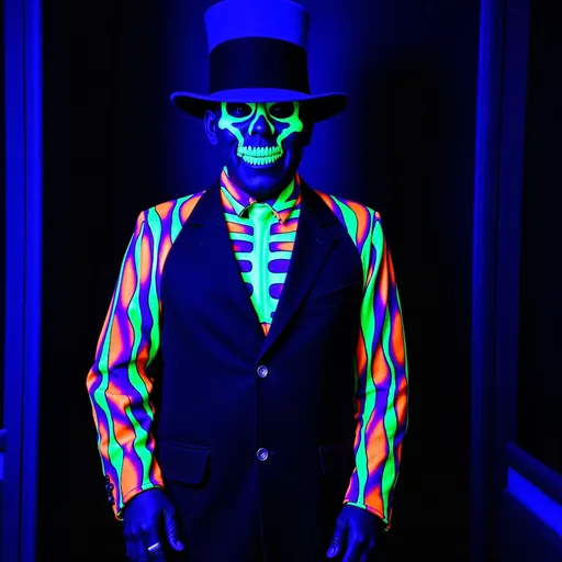 Prompt: Baron Samedi (black light art), depicted with a top hat, black tail coat, dark glasses, and cotton plugs in the nostrils, as if to resemble a corpse dressed and prepared for burial in the Haitian style. depicted as a skeleton (but sometimes as a black man that merely has his face painted as a skull