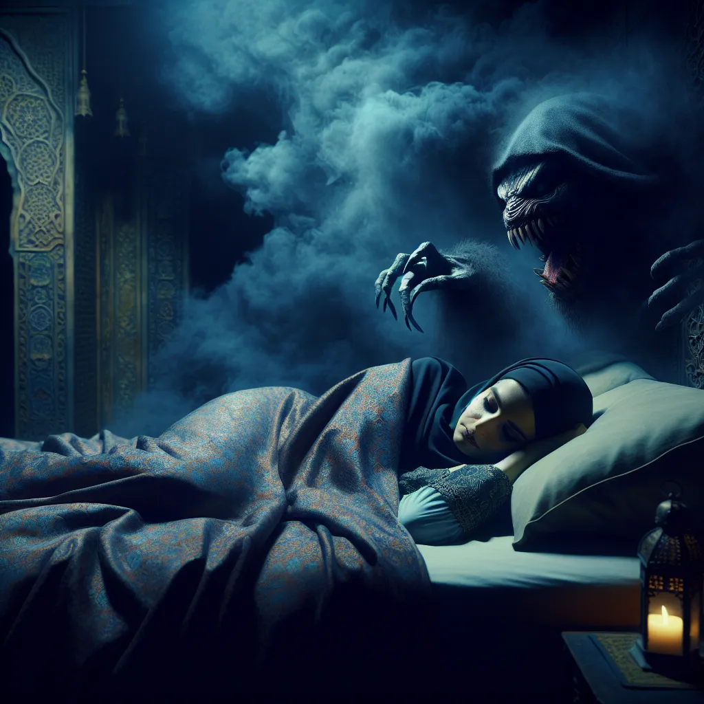 Prompt: Woman (sleeping peacefully in her bed), dark atmosphere, (ominous shadows), (malevolent creature) hanging from ceiling corner, (eerie details), (gloomy lighting) creating a tense yet peaceful contrast, soft bedding contrasts with darkness, deep colors of blue and black, (4K, ultra-detailed) ambiance of surreal tranquility interspersed with dread.