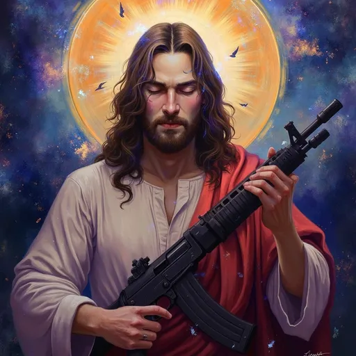 Prompt: Jesus holding an AK-47, (striking pose), dramatic lighting, vivid colors, intense expression, (symbolic reinterpretation), thought-inciting scene, halo effect, contrasting background with celestial elements, deep shadows, visual juxtaposition, high detail, 4K resolution, emotionally charged atmosphere.