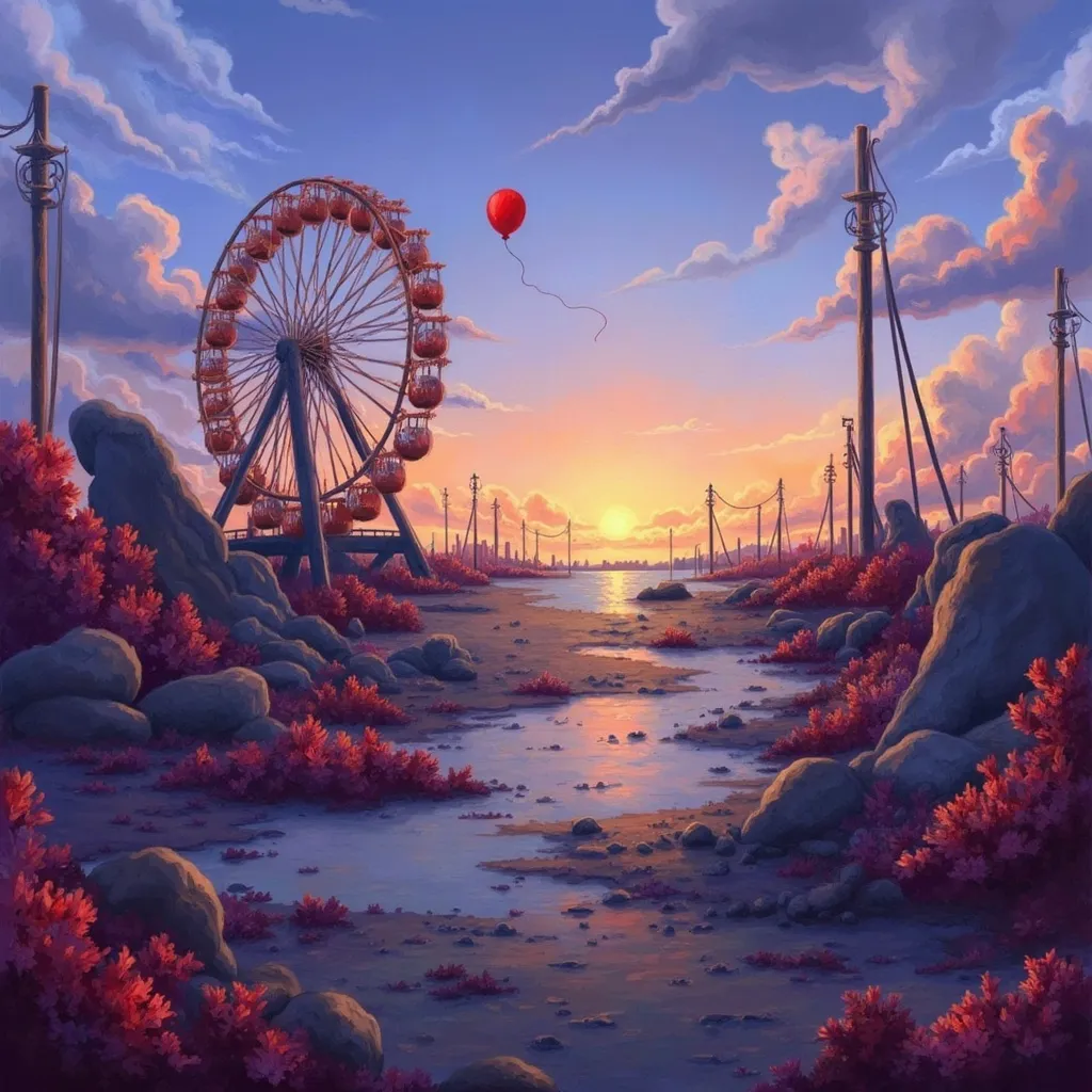 Prompt: "A vast, abandoned carnival at twilight, where the golden hour light casts long shadows over broken rides and peeling paint. In the center, a rusted Ferris wheel stands still, its once bright lights now flickering weakly. A lone child’s balloon, untethered, floats slowly upward, its red hue vivid against the fading sky. The air feels thick with nostalgia, tinged with melancholy, as the echoes of forgotten laughter seem to hang in the air. There’s a sense of both loss and longing—beauty in the decay, and the remnants of joy caught in time, forever unreachable."