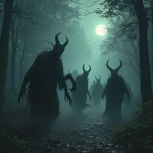 Prompt: Army of ghouls, phantoms, monsters, demons roaming. Dark forest, moonlit, deep fog, mythical forest.