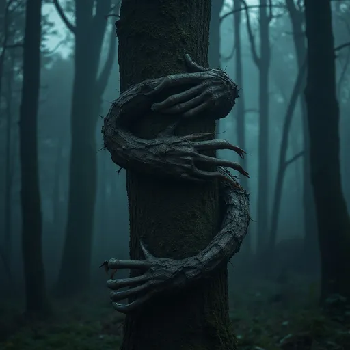 Prompt: Claw like hand wrapping around from behind a tree. Dark forest, moonlit, deep fog, mythical forest.