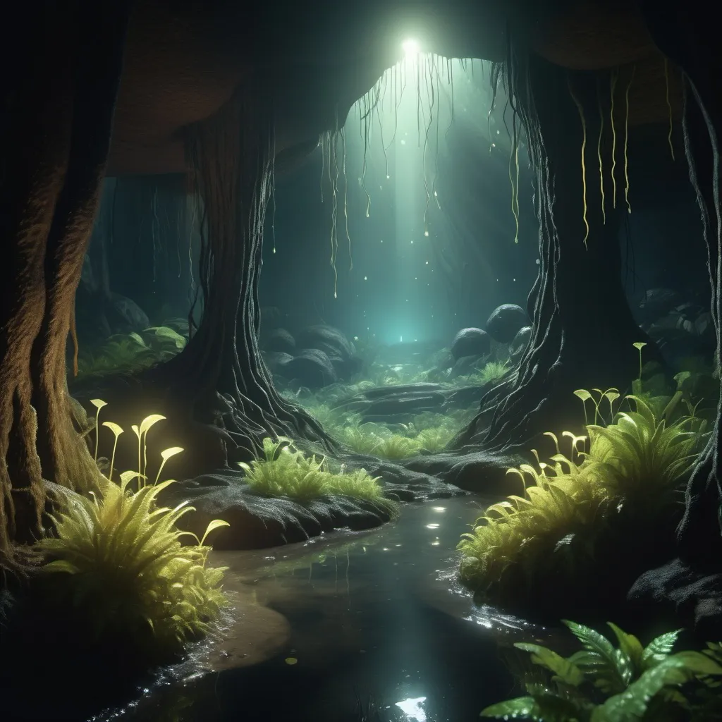 Prompt: Sunlight cascading across heavily wooded area, dark ground, misty, wondrous, magical, large deep hole, cavernous ,multiple biomes, glowing algae, glow worms, plant bioluminescence. 4k high-definition, photorealism.