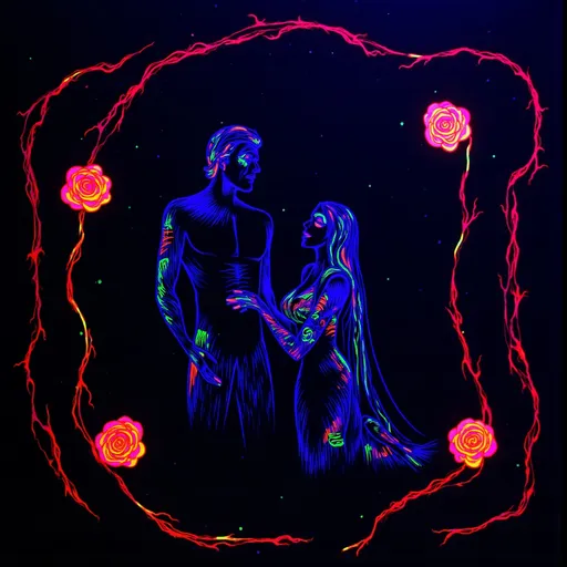 Prompt: Two dark silhouettes of a man and woman holding each other. (clear and readable accurately spelled text: 'If the world was ending' above and below ‘I’d wanna be next to you.’). black light art style with glowing, ethereal neon effects. Surrounded by red neon roses and thorns.