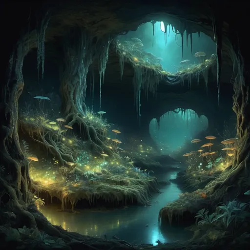 Prompt: Moonlit cascading across heavily wooded area, dark ground, misty, wondrous, magical, large deep hole, cavernous ,multiple biomes, glowing algae, glow worms, plant bioluminescence. 4k high-definition, photorealism.