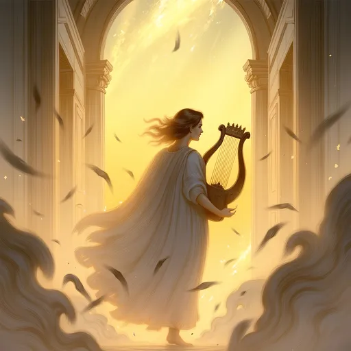 Prompt: Apollo, (God of the Sun), radiant golden light pouring down, ethereal presence, holding a lyre, surrounded by a celestial atmosphere, vibrant sun-beams, illuminating the background with a dreamy haze, inspired by classical mythology, capturing divine serenity, flowing robes, detailed symbolism, (highly detailed), (4K).