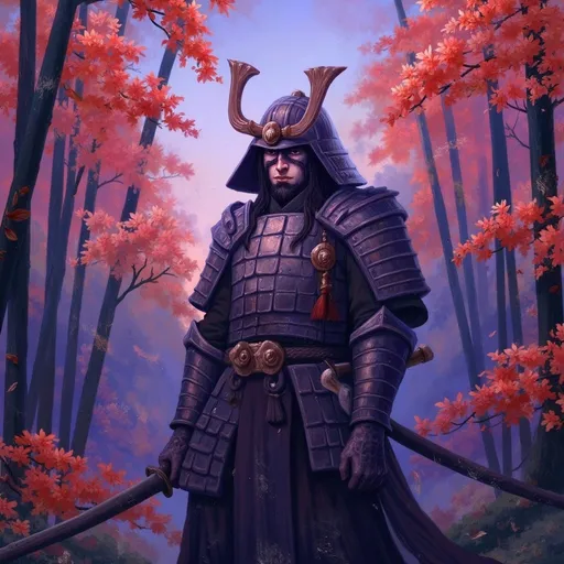 Prompt: A samurai in full armor, standing in a bamboo forest at dusk, with a katana drawn.