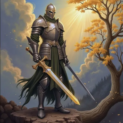 Prompt: A (valiant knight), clad in ornate armor reflecting the gleam of sunlight, wielding a gleaming sword, standing tall on a rugged terrain, dramatic clouds overhead, surrounded by the whisper of ancient trees, embodying bravery and strength, in a fantasy realm, high quality, ultra-detailed, atmospheric ambiance evokes heroism, warm golden and cool gray tones entwined. Masterpiece quality, anatomically correct.