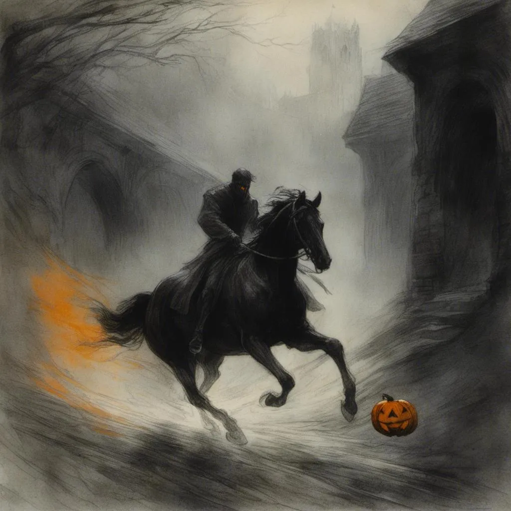 Prompt: <mymodel> (Horror theme) headless horseman, riding a undead black horse, raising a jack o lantern in the air, dark old bridge tunnel.