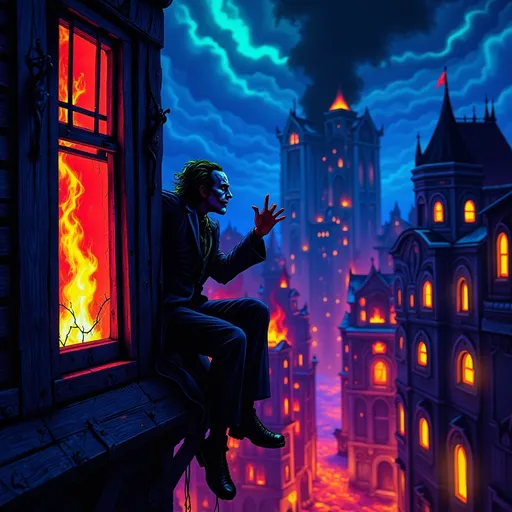 Prompt: joker from (DC Batman). perched on a window, hands in the air in triumph, gazing into a fiery cityscape, flames illuminated against a dark sky, dramatic tones, vivid reds and oranges, smoke swirling in the air, high detail, moody atmosphere, urban environment, nighttime, powerful contrast, cinematic lighting, ultra-detailed, surreal and intense emotional vibe. (Black light art)