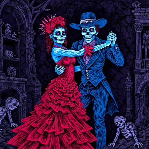 Prompt: (Día de los Muertos couple dancing), elegant red dress, sophisticated blue suit, dynamic pose, vivid detailed expressions, (black light art), glowing neon colors against dark backdrop, atmospheric Victorian setting with ornate decor, high contrast and striking illumination, (ultra-detailed), graceful movement, mesmerizing and enchanting ambiance reminiscent of a ballroom dance experience.