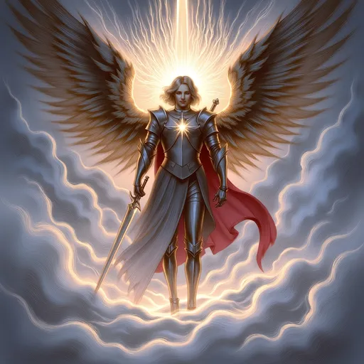 Prompt: Saint Michael the Archangel, (majestic stance), clad in resplendent armor, wielding a gleaming sword, surrounded by ethereal light, powerful wings unfurled, dramatic clouds behind him, (celestial aura), radiant colors with vivid contrasts, uplifting atmosphere, conveying strength and protection, ultra-detailed, high quality, 4K resolution, dynamic and inspiring ambiance. Masterpiece quality, anatomically accurate.