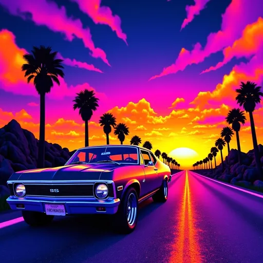 Prompt: (accurately spelled text "Make it happen"), 1970s Nova SS, retro-wave aesthetic, cruising down a sunset-lit road, vibrant hues of orange and pink, nostalgic ambiance, cool retro styling, sun dipping below the horizon, palm trees lining the road, ultra-detailed, 4K resolution, capturing the spirit of freedom and adventure, dynamic sky filled with gradient colors.