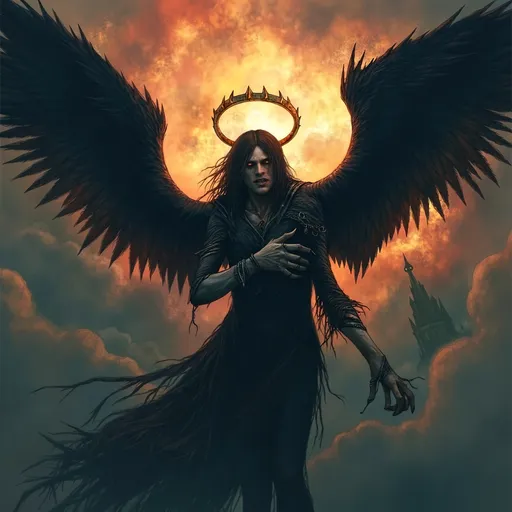 Prompt: Lucifuge Rofocale (Light-Bringer) male fallen angel, (ethereal and haunting), dramatic wings, dark flowing robes, piercing gaze, mystical light emanating from halo, celestial background filled with turbulent clouds, moody atmosphere contrasting light and shadow, intricate details in feathers and fabric, ultra-detailed, high definition, vibrant colors merging with dark tones, a sense of power and vulnerability intertwined.