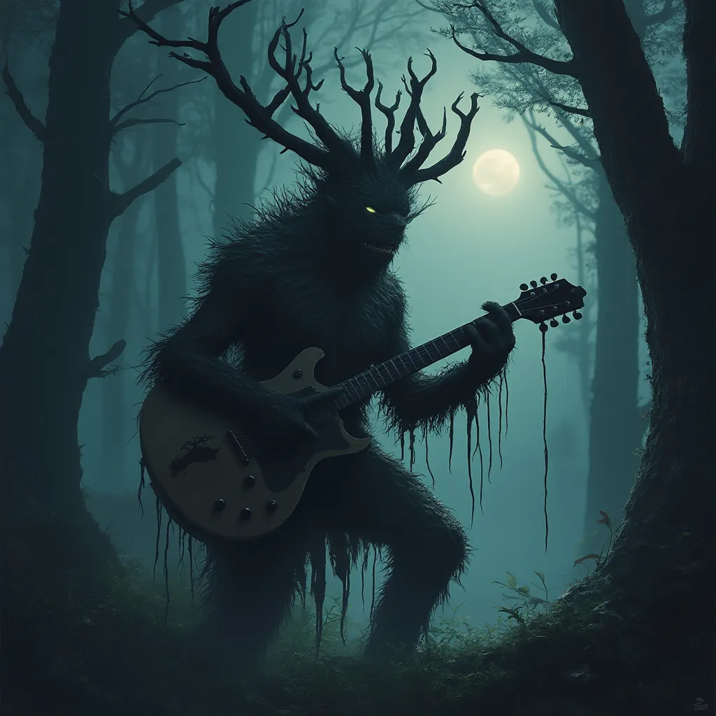 Prompt: Tree monster playing guitar. Dark forest, moonlit, deep fog, mythical forest.