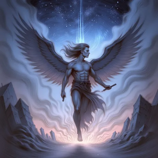 Prompt: (Caerus, god of opportunity), depicted as a timeless and ethereal figure, bald with a single lavish lock of hair cascading down his forehead, enchanting atmosphere, (beautiful) with muscular physique, wings emerging gracefully from his feet, holding a (scale) in one hand and a shiny (razor) in the other, vibrant colors, dreamy and celestial background, (ultra-detailed), capturing moments of fleeting opportunities, high fantasy theme.