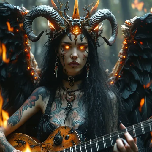 Prompt: Horned goddess, (glowing hazel eyes), (crown of fire), (bat wings), (glowing tattoos), (piercings), tattered clothing, destroyed cape, on a dark, enchanted forest stage, playing a guitar made of flesh and bone, (giant amplifiers), fire surrounding the stage, (surreal atmosphere), muted colors with vibrant flames, (highly detailed), atmospheric lighting, mystical, intense ambiance, captivating, (ultra-detailed).