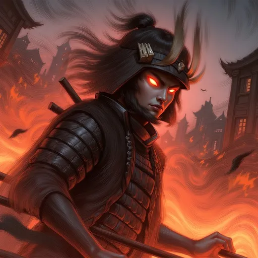 Prompt: Samurai (menpō with glowing red eyes), dynamic pose, fierce expression, traditional armor adorned with intricate details, Japanese town engulfed in flames in the background, warm and vibrant color palette, deep contrasts of shadows and firelight, high tension and dramatic ambiance, intense atmosphere, 4K, ultra-detailed, cinematic masterpiece.