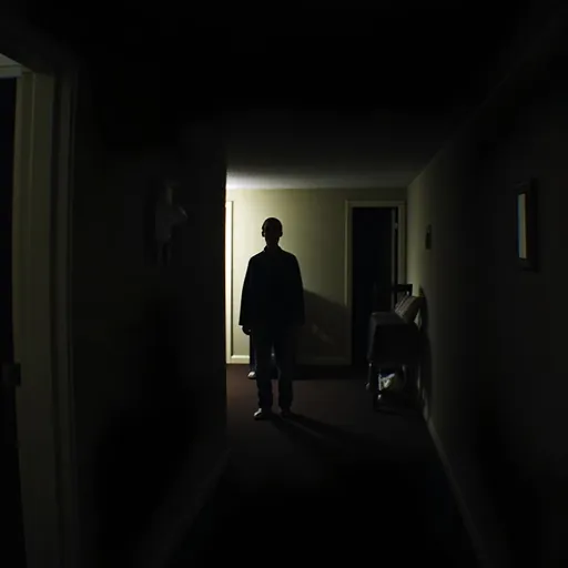 Prompt: (Man standing), dark hallway, grainy texture, dramatic shadows, low lighting, mysterious ambiance, ominous mood, elongated silhouette, eerie depth, vivid high contrast, high quality, ultra-detailed, gripping visual story, silent tension, haunting stillness, slightly blurred edges for a classic film effect.