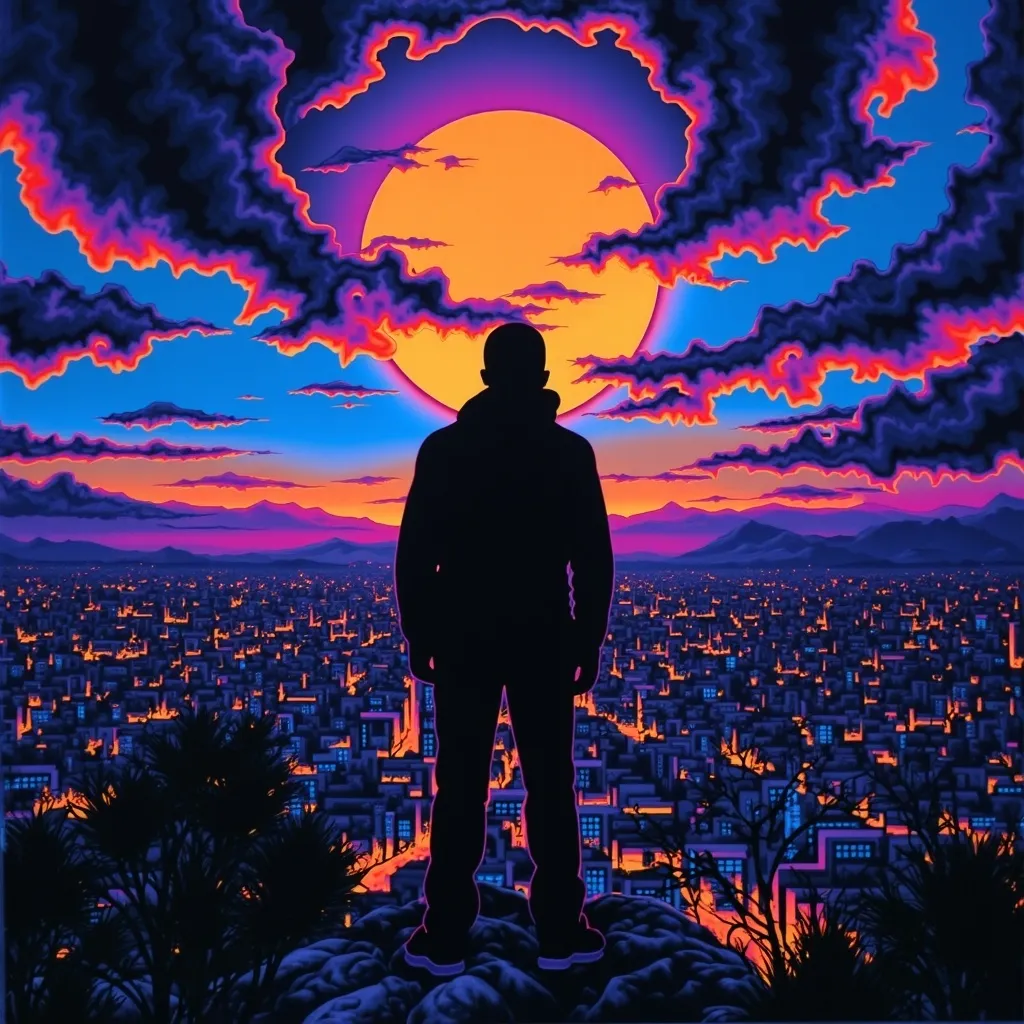 Prompt: Dark silhouette of a man facing a city. In the sky, clear and readable text says 'Finding love in a hopeless place,' black light art style with glowing, ethereal neon effects. The background shows a calm sun, with soft, warm colors fading into darker tones, creating a peaceful yet haunting atmosphere over the city.