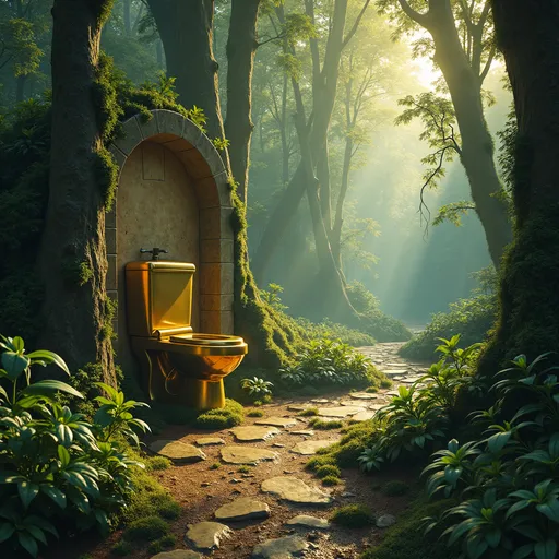 Prompt: The most breathtaking mythical forest magical never before seen by human eyes. With a golden plated futuristic toilet.