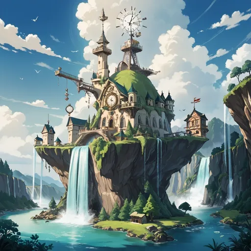 Prompt: floating island with a giant clock tower, surrounded by waterfalls that fall into the sky.